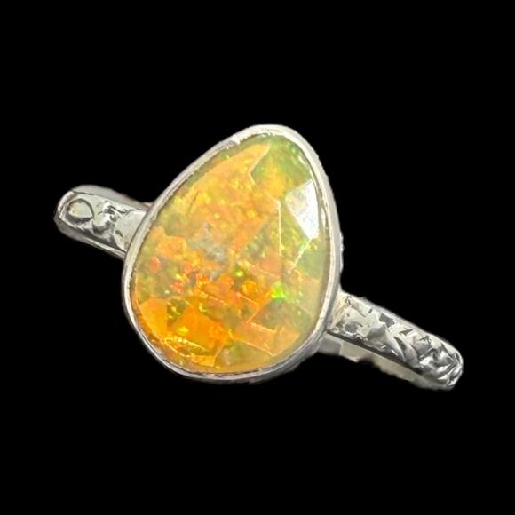 Rose Cut Pear Ethiopian Opal Ring 925 Sterling Silver Size 9 Carved Band - Picture 3 of 7